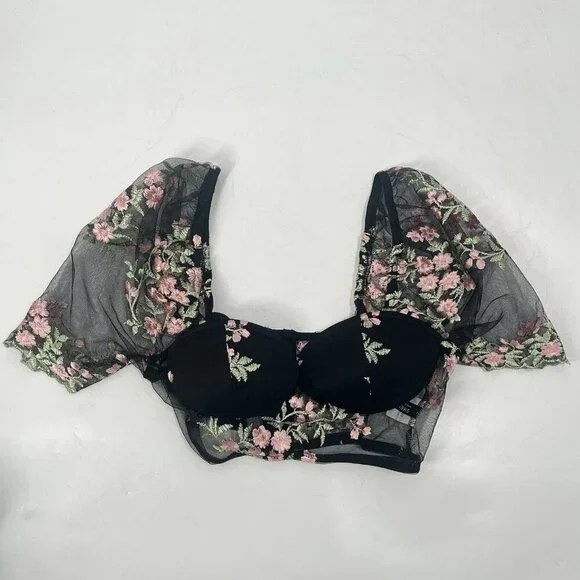 Shein Sheer Crop Top Embroidered Floral Dark Romantic Sz Small - Picture 2 of 7